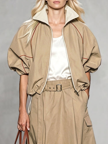 Zipper Drawstring Contrast Color Loose Half Sleeves Lapel Outerwear
