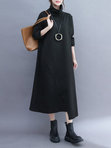 Irregularidad vintage mangas largas Color sólido Vestidos midi de cuello alto