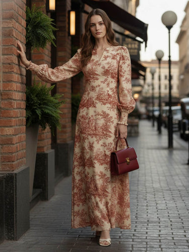 1754560 Elasticated Waist High Waisted Contrast Color Pleated Printed Split-Joint V-Neck Maxi Dresses