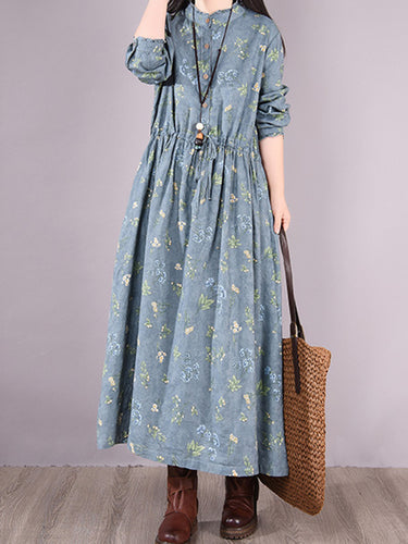 Vintage Blumendruck Ramie Cotton Loose Midi Kleid