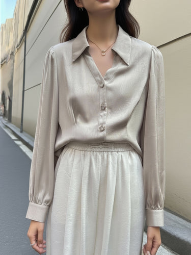 Long Sleeves Loose Buttoned Pleated Solid Color Lapel Blouses&Shirts Tops