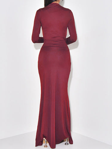 1718915 Bodycon Long Sleeves Solid Color Split-Joint Tied Waist Half Turtleneck Maxi Dresses