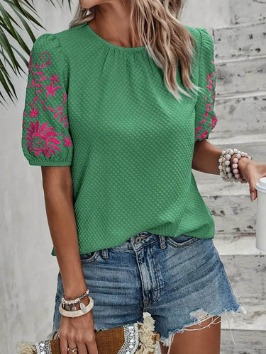 1753161 Loose Short Sleeves Bow-Embellished Contrast Color Split-Joint Round-Neck Blouses&Shirts Tops