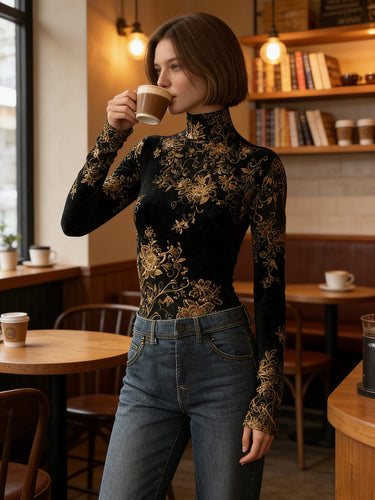 Long Sleeves Skinny Contrast Color Flower Print Split-Joint High Neck Blouses&Shirts Tops
