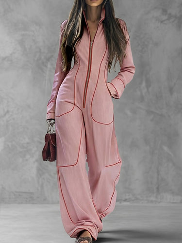 Long Sleeves Wide Leg Zipper Stand Collar Jumpsuits