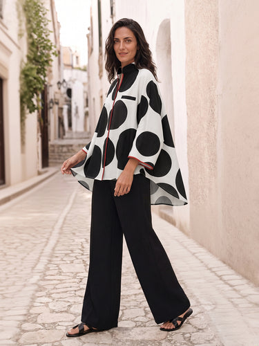 Polka-Dot Contrast Color Three-quarter Sleeves Loose Stand Collar Blouses&shirts Tops