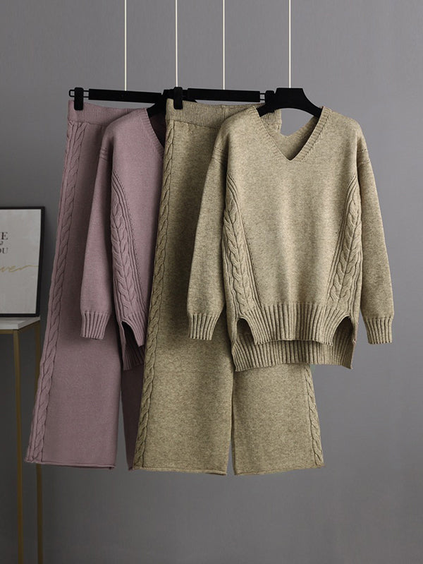 Simple Long Sleeves Loose Solid Color V-Neck Sweater Tops