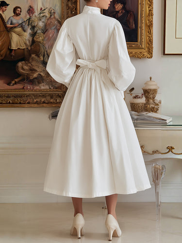 A-Line High Waisted Pleated Pockets Solid Color Tied Waist High Neck M Uoozee official A-Line High Waisted Pleated Pockets Solid Color Tied Waist High Neck M Uoozee official