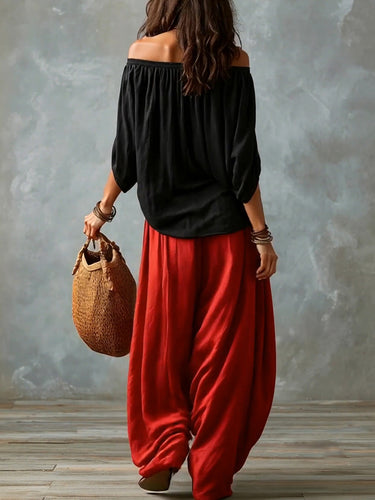 1782835 Pleated Solid Color Off-The-Shoulder Batwing Sleeves Blouses&Shirts Tops + High Waisted Elasticity Pants Trousers Two Pieces Set