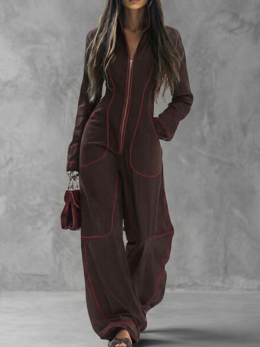 Long Sleeves Wide Leg Zipper Stand Collar Jumpsuits