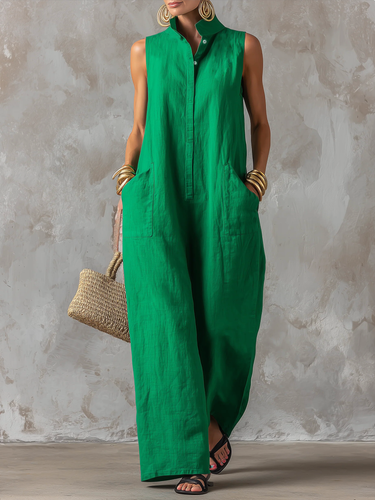 1781495 Loose Sleeveless Buttoned Pockets Solid Color Stand Collar Jumpsuits