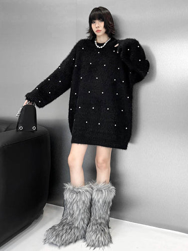 1720199 Long Sleeves Loose Beads Contrast Color Shiny Split-Joint Round-Neck Mini Dresses Sweater Dresses