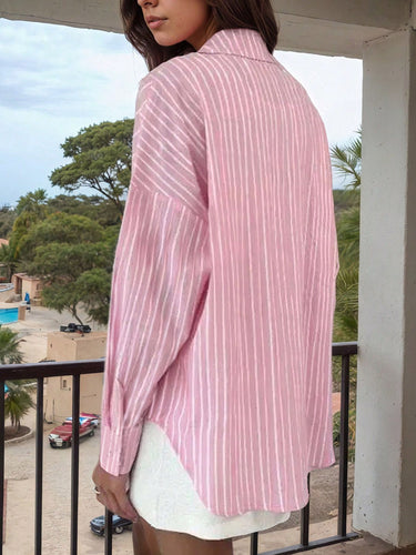 1751461 Long Sleeves Loose Buttoned Contrast Color Split-Joint Striped Lapel Blouses&Shirts Tops