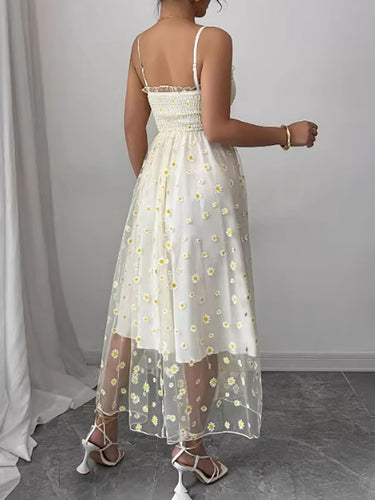1755850 Vestidos midi con cuello de espagueti plisados ​​en capas y estampado de flores sin mangas de talle alto