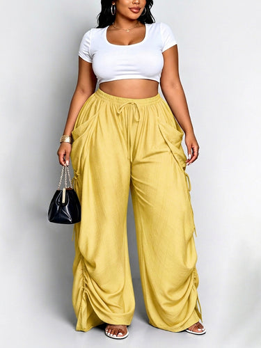 1785471 High Waisted Loose Drawstring Elasticity Pockets Split-Joint Pants Trousers