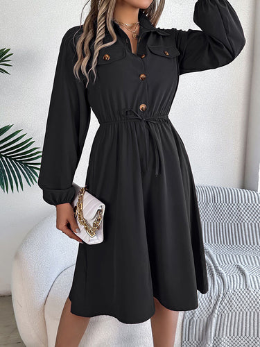 1756180 A-line Long Sleeves Buttoned Pleated Solid Color Tied Lapel Midi Dresses Shirt Dress