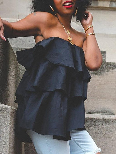 A-Line Loose Elasticity Layered Ruffled Solid Color Tube Vest Top