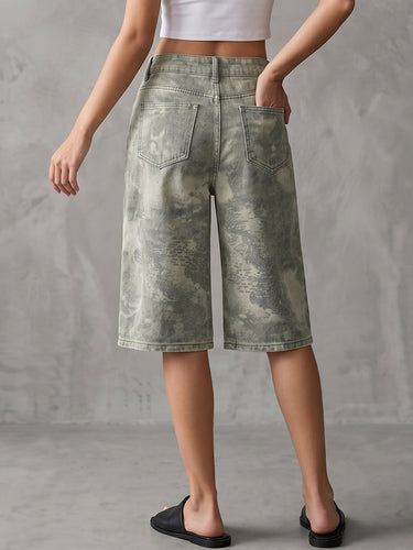 1777897 Cropped High Waisted Buttoned Contrast Color Pockets Printed Cropped Trousers Jean Pants Bottoms