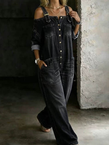 1782314 Long Sleeves Loose Buttoned Pockets Solid Color Adjustable Straps Overalls