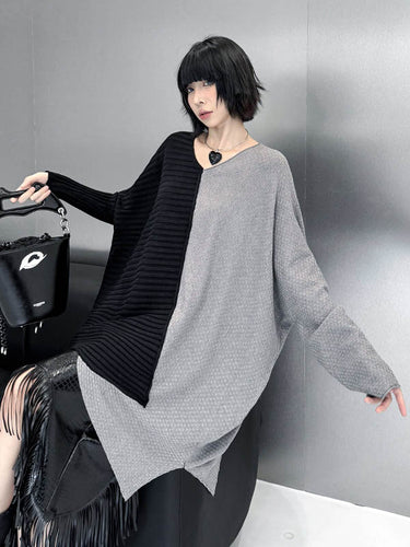 1720131 Batwing Sleeves Irregularity Asymmetric Contrast Color Split-Joint Textured V-Neck Sweater Tops