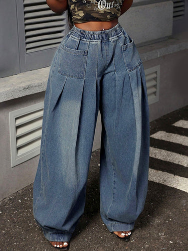 Loose Elasticity Pockets Solid Color Jean Pants Bottoms Trousers