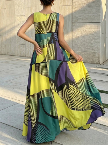 1781360 A-Line Sleeveless Contrast Color Striped Zipper Round-Neck Maxi Dresses