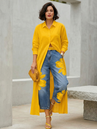 Loose Wide Leg Flower Print No Belt Pockets Jean Pants Bottoms Ninth Pants