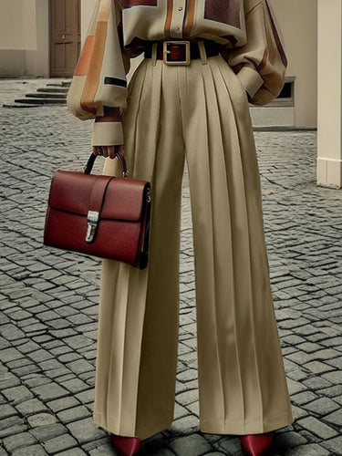 High Waisted Wide Leg No Belt Pleated Pockets Solid Color Pants Trousers