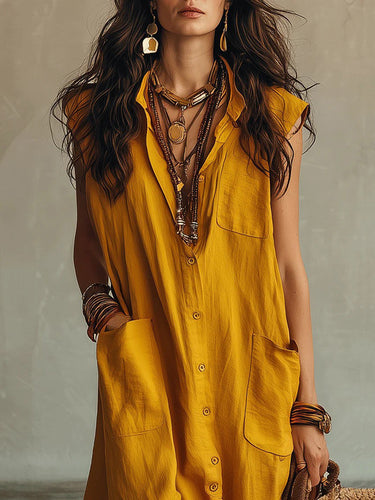 1785429 Loose Sleeveless Buttoned Pockets Solid Color Lapel Maxi Dresses