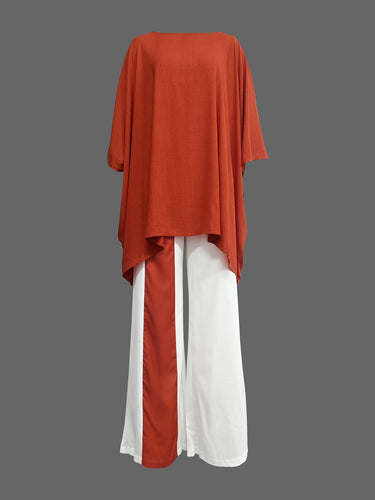1652697 Batwing Sleeves Half Sleeves Solid Color Top + Contrast Color Wide Leg Pants Two Pieces Set