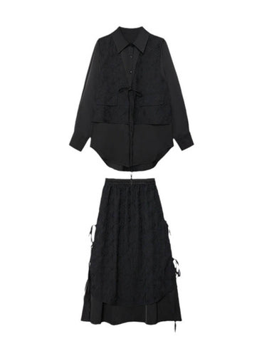 1726263 Solid Color Split-Joint Asymmetric Drawstring Flower Print   False Two Lapel Buttoned Pockets Blouses&Shirts Tops + Elasticated Waist Double Layered Skirts Bottoms Two Pieces Set