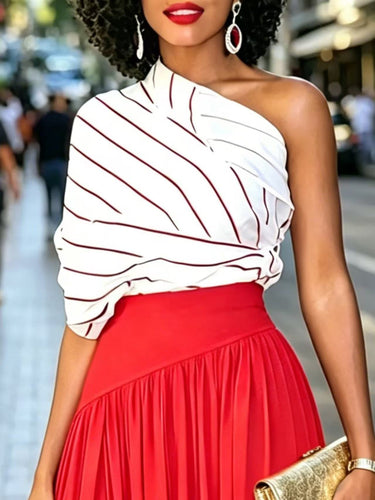 1784501 Irregularity Short Sleeves Asymmetric Striped One-Shoulder Blouses&Shirts Tops