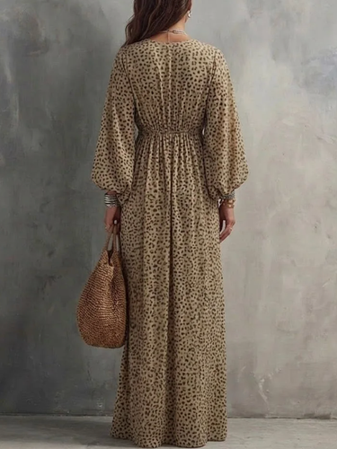 1782818 High Waisted Long Sleeves Contrast Color Elasticity Leopard Ruched V-Neck Maxi Dresses