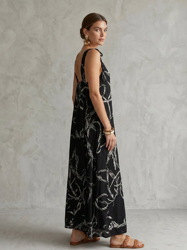 1785140 A-Line Loose Backless Contrast Color Drawstring Printed Spaghetti-Neck Midi Dresses