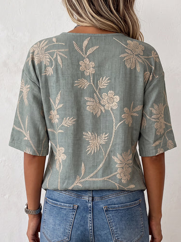 1785888 Half Sleeves Loose Asymmetric Buttoned Flower Print Split-Joint V-Neck T-Shirts Tops