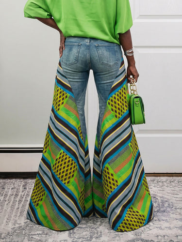 1787550 High Waisted Wide Leg Buttoned Contrast Color Pockets Split-Joint Striped Zipper Jean Pants Bottoms