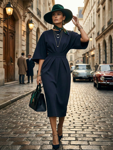 1757276 Batwing Sleeves Elasticated Waist Pleated Solid Color Split-Joint Round-Neck Midi Dresses