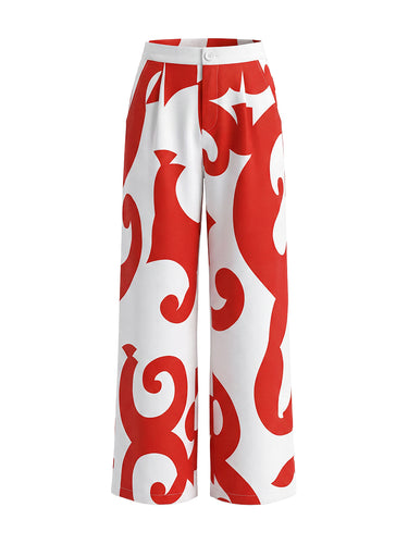 High Waisted Loose Contrast Color Pockets Printed Split-Joint Pants Trousers