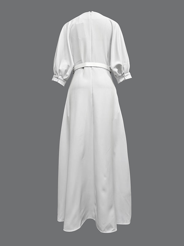 Half Sleeves Loose Belted Solid Color Deep V-Neck Maxi Dresses  Uoozee ...