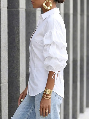 1779212 Loose Puff Sleeves Buttoned Solid Color Tied Lapel Blouses&Shirts Tops