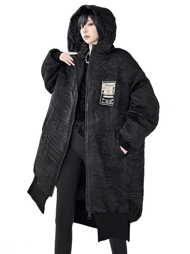 1720069 High-Low Irregularity Abstract Printed Contrast Color Split-Joint Zipper Hooded Outerwear Overcoat
