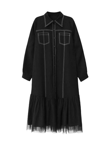 1726283 Irregularity Long Sleeves Asymmetric Buttoned Line Solid Color Split-Joint Lapel Midi Dresses Shirt Dress