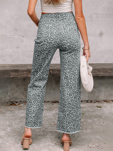 1776951 Bas de pantalon en jean taille haute avec poches léopard