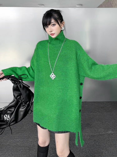 1734810 Irregularity Long Sleeves Buttoned Ribs Solid Color Split-Joint High Neck Sweater Tops