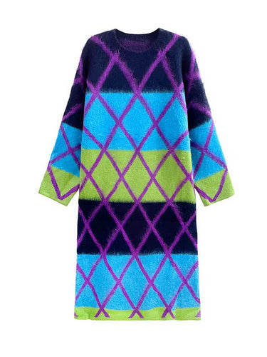 1720335 Long Sleeves Loose Contrast Color Plaid Split-Joint Round-Neck Midi Dresses Sweater Dresses