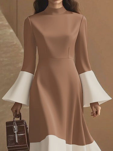 Flared Sleeves High Waisted Contrast Color Pleated Split-Joint Mock Neck Maxi Dresses