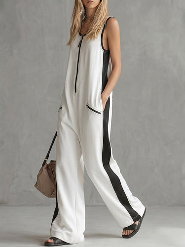 1770516 Loose Sleeveless Contrast Color Pockets Zipper V-Neck Jumpsuits