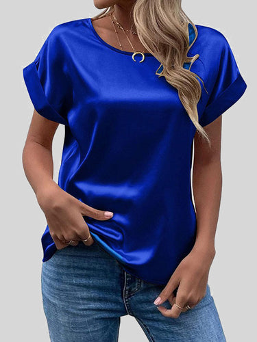 Mangas cortas sueltas Camisetas de cuello redondo de color sólido