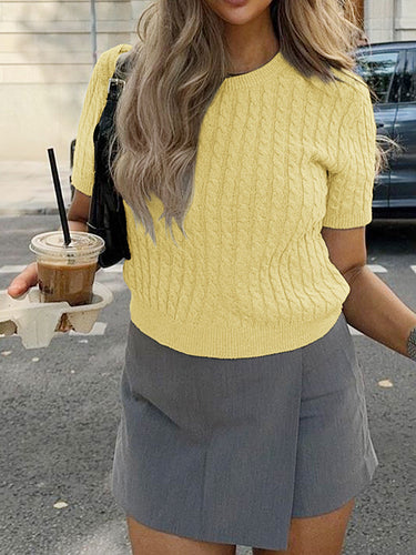 1730869 Short Sleeves Solid Color Split-Joint Round-neck Pullovers Sweater Tops