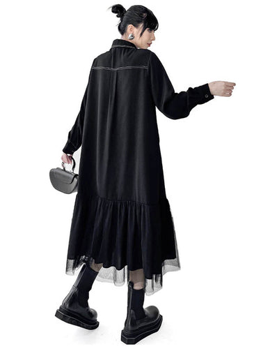 1726288 Irregularity Long Sleeves Asymmetric Buttoned Line Solid Color Split-Joint Lapel Midi Dresses Shirt Dress